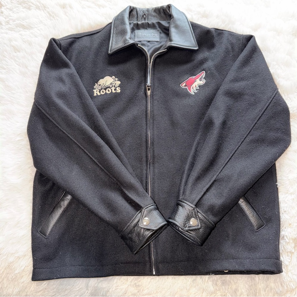 Vintage Black Roots x Arizona Coyotes wool and leather varsity jacket.